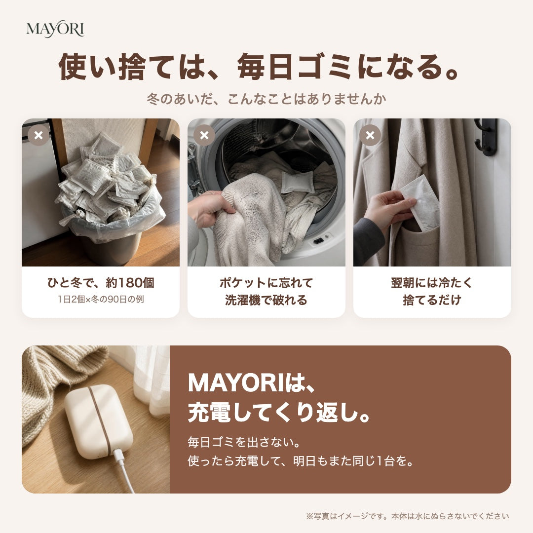使い捨ては、毎日ゴミになる。MAYORIは充電してくり返し